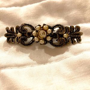 Two inch 1960s pewter faux Pearl bar pin. Regal looking.